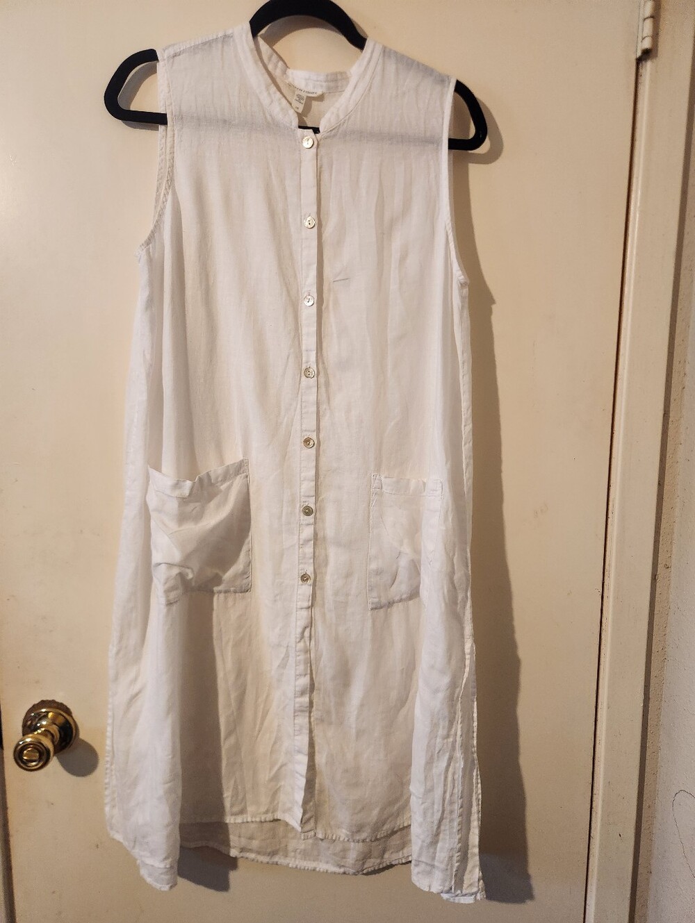 Eileen Fisher Sleeveless White Linen Button-Down Shift Dress Large
